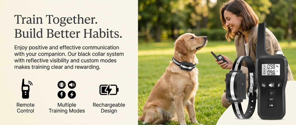 Happy owner training a dog outdoors with a black rechargeable remote dog training collar.