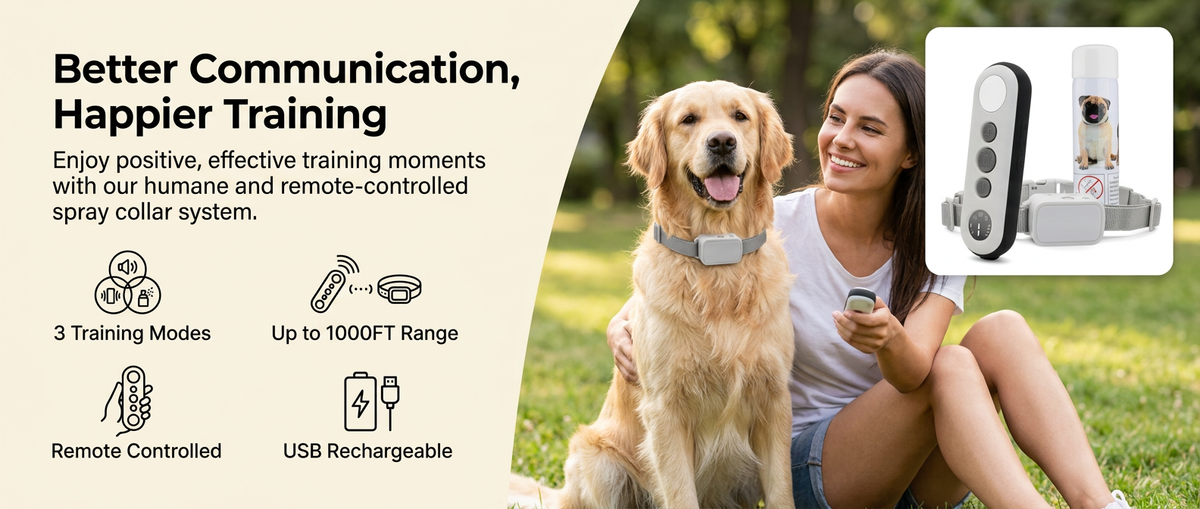 Happy dog and owner using a rechargeable remote training collar with beep, vibration and spray functions outdoors.