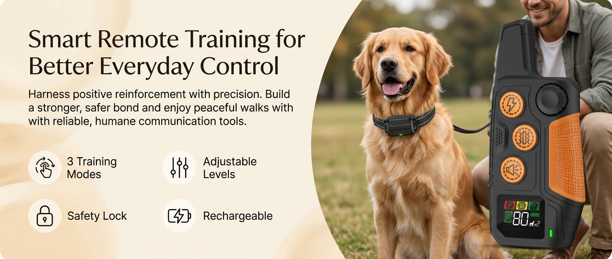 Rechargeable remote dog training collar with handheld controller, adjustable strap and beep, vibration and static training modes.