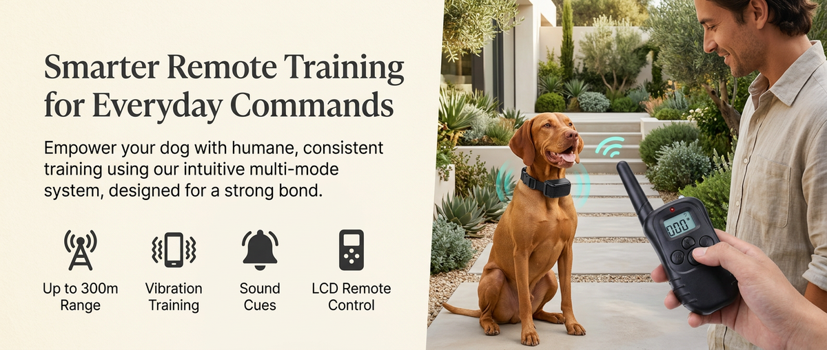 
Remote dog training collar with LCD controller, adjustable vibration settings and up to 300m operating range.

