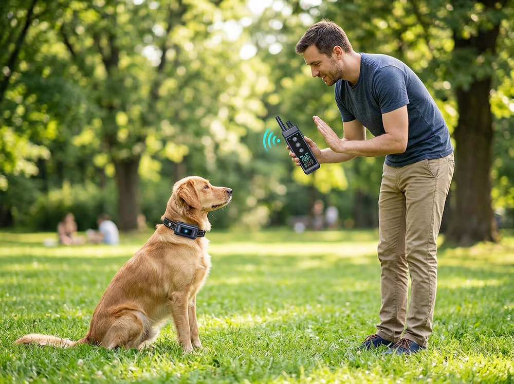 Owner giving command to dog wearing remote training collar outdoors
