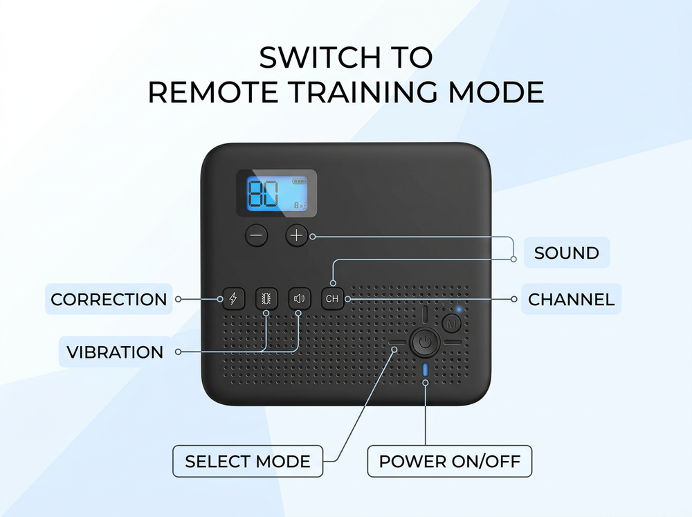 Black dog training controller showing sound, vibration, correction and channel controls.