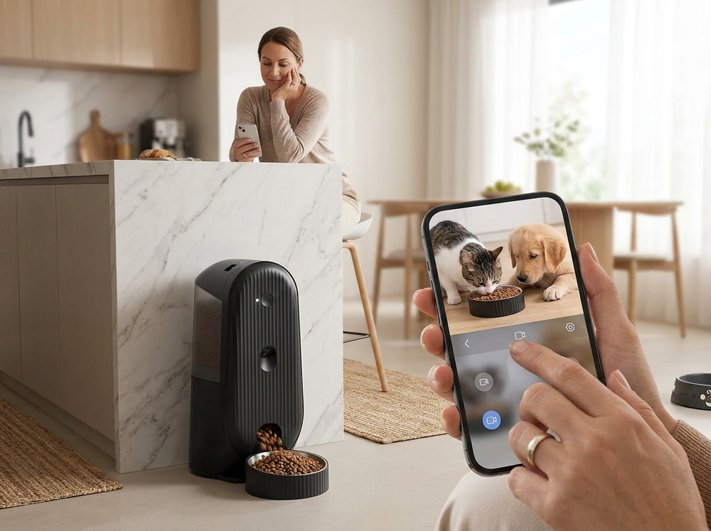 Owner monitoring pets with smart feeder camera