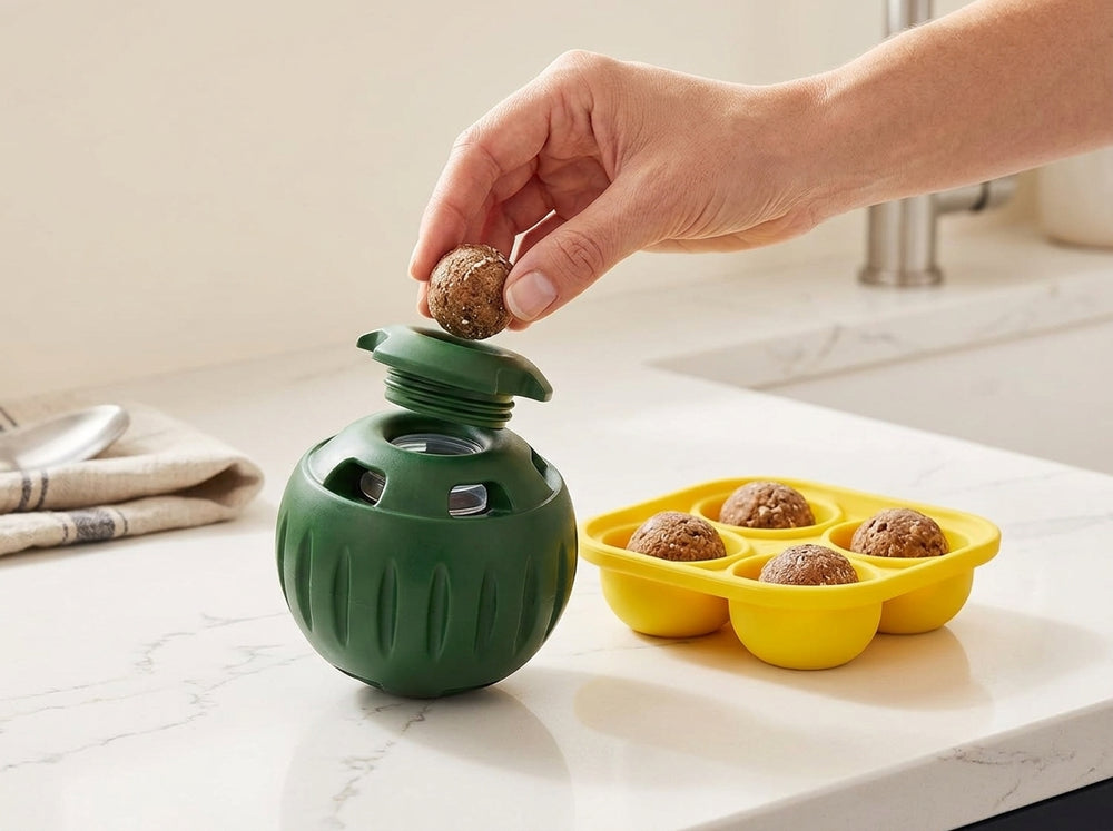 Green refillable dog treat ball beside yellow four-cavity treat preparation tray on a kitchen counter