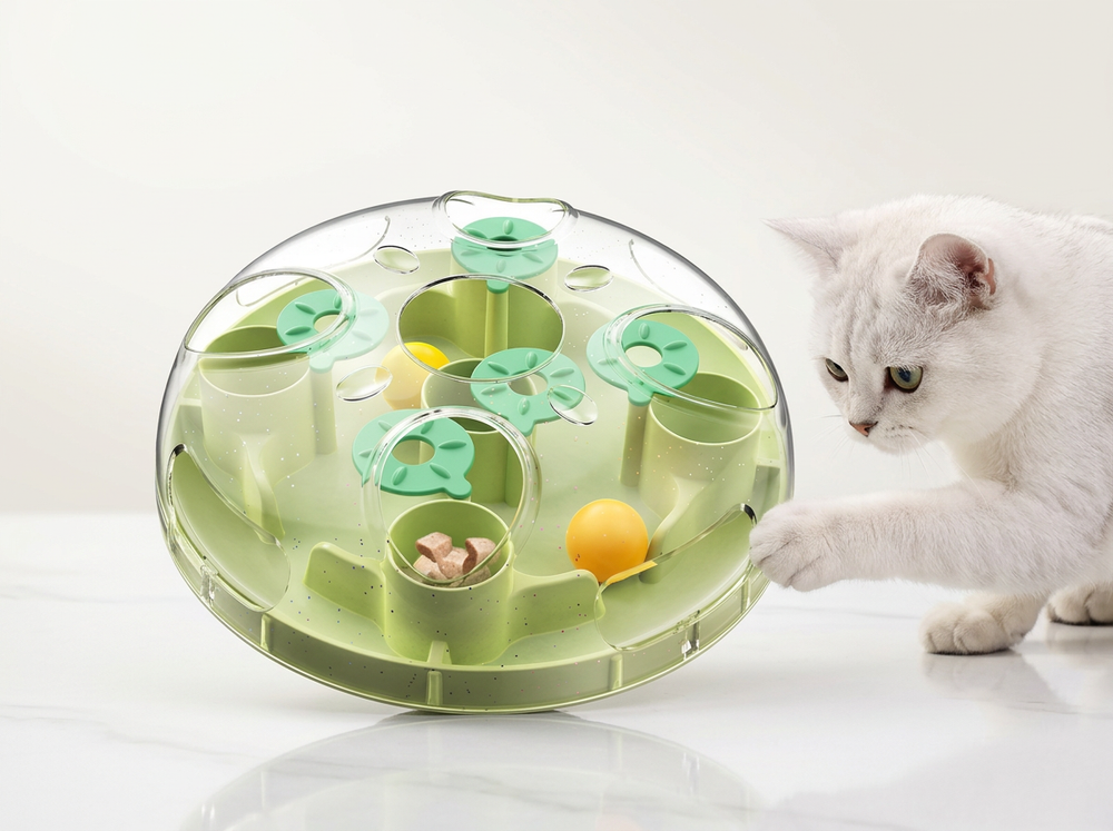 Rotating interactive cat treat dispenser for indoor cats.