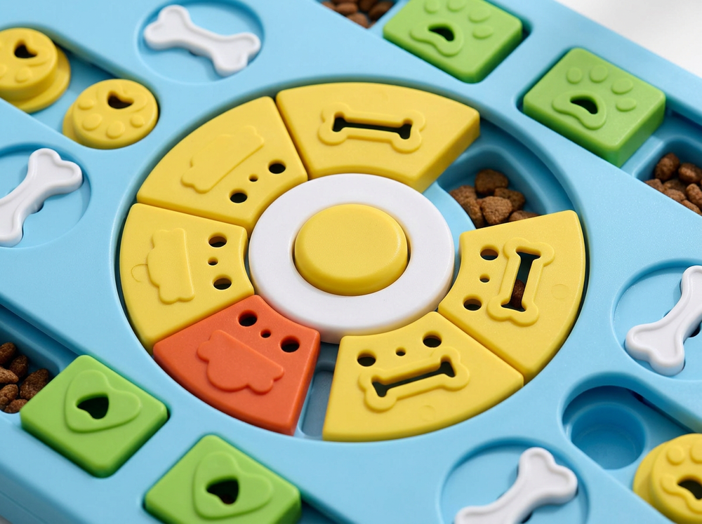 Close-up of colourful rotating centre section on a blue interactive dog puzzle feeder