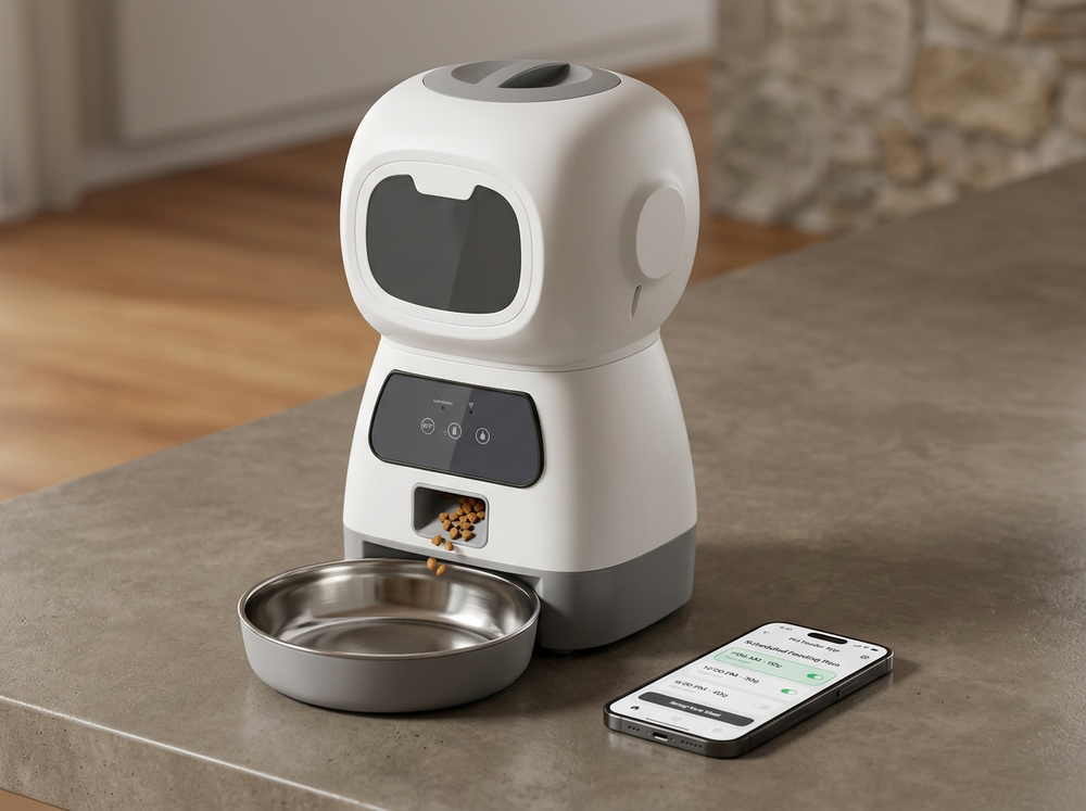 Automatic pet feeder with timed feeding schedule