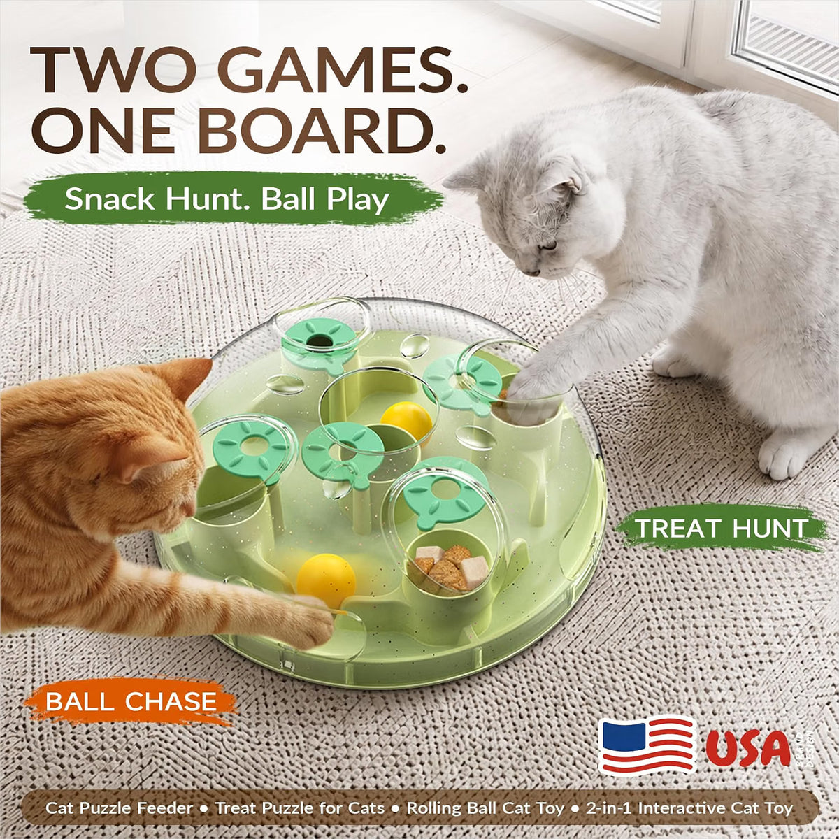 Cat foraging ball encouraging indoor cats to search for hidden treats