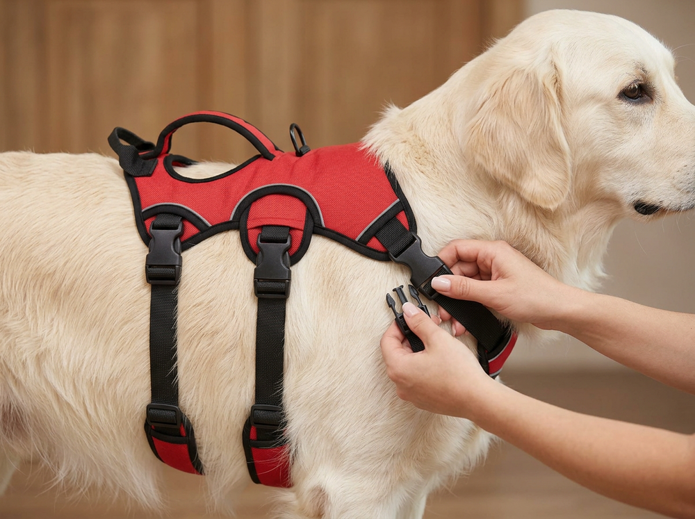 Quick release buckle being secured on an adjustable large dog harness