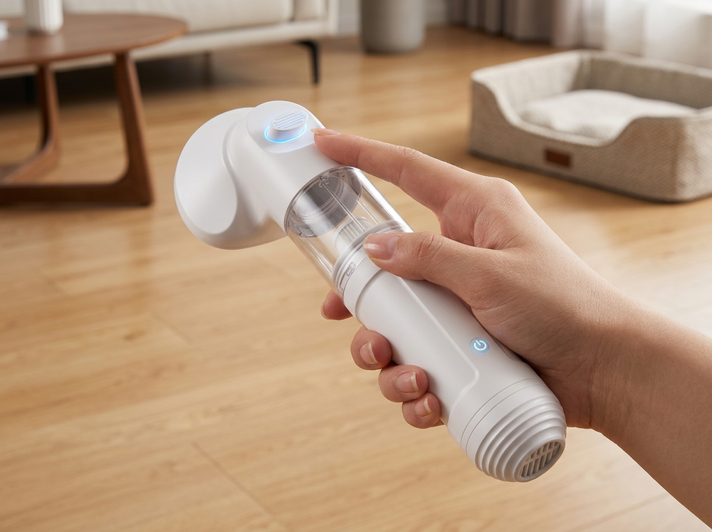

Owner selecting vacuum and dryer function on pet hair cleaner.