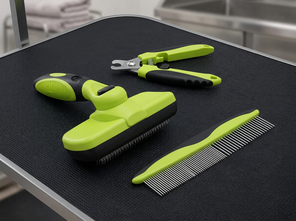 

Pet grooming comb set arranged for coat care.