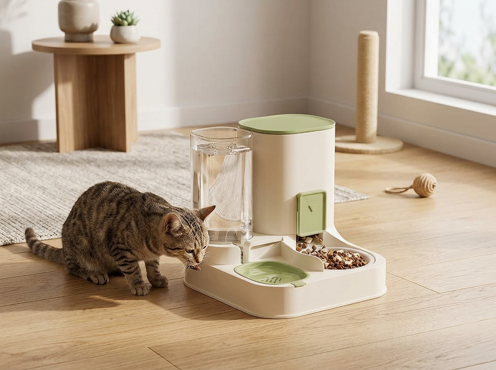 Automatic pet feeder placed in home feeding area