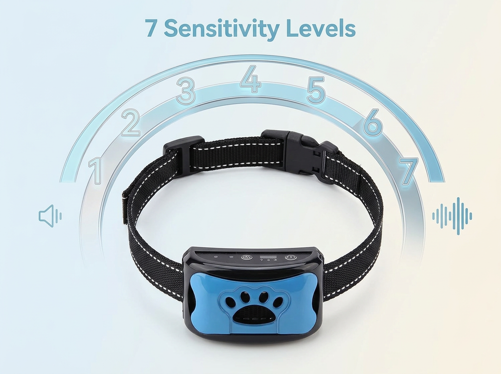 Smart dog collar with seven adjustable sensitivity levels.