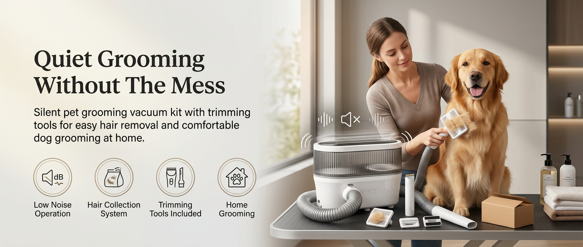 

Silent dog grooming vacuum kit with trimming tools and hair collection system.