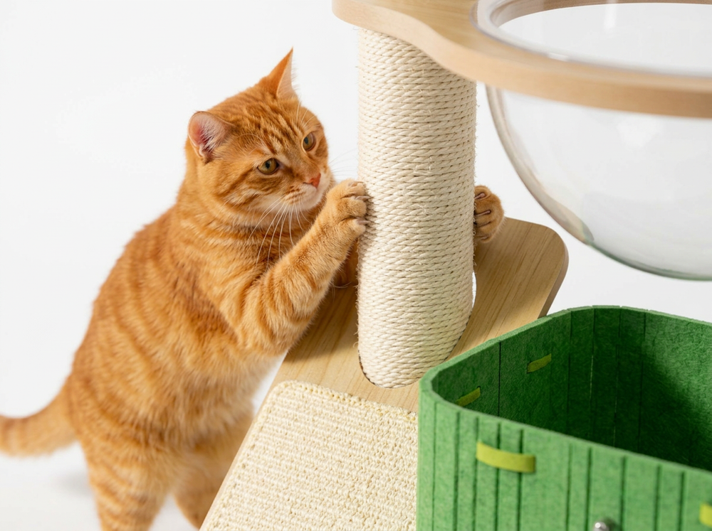  Cat scratching a sisal-wrapped post beside the inclined scratching board on a multi-level cat tree.