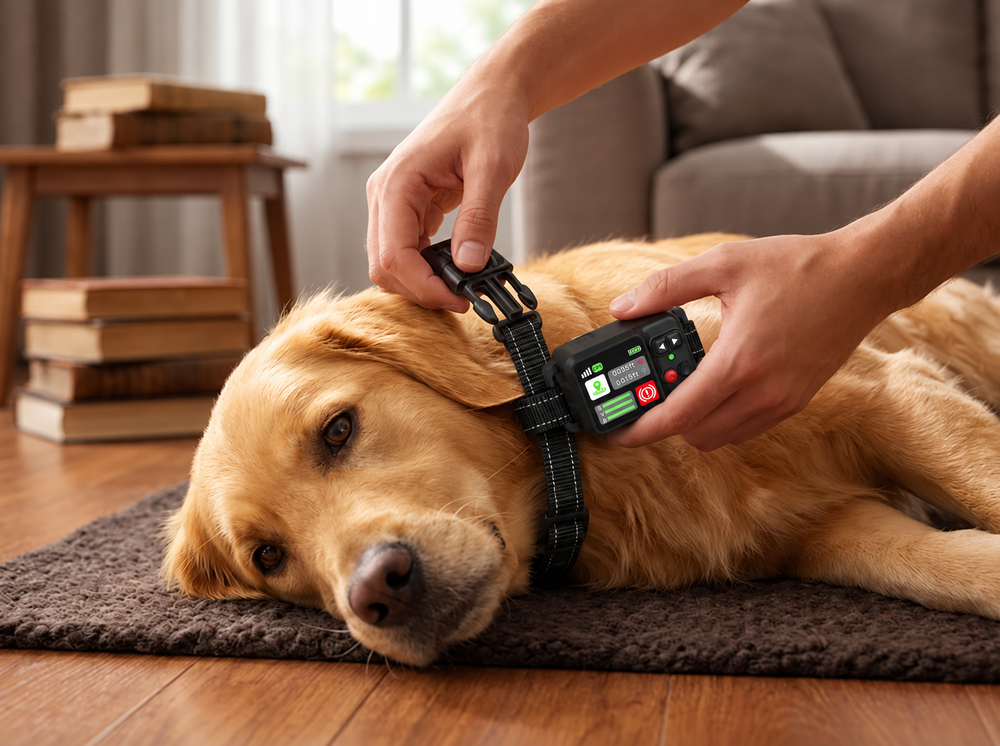 Owner fitting a smart location and virtual boundary collar on a dog