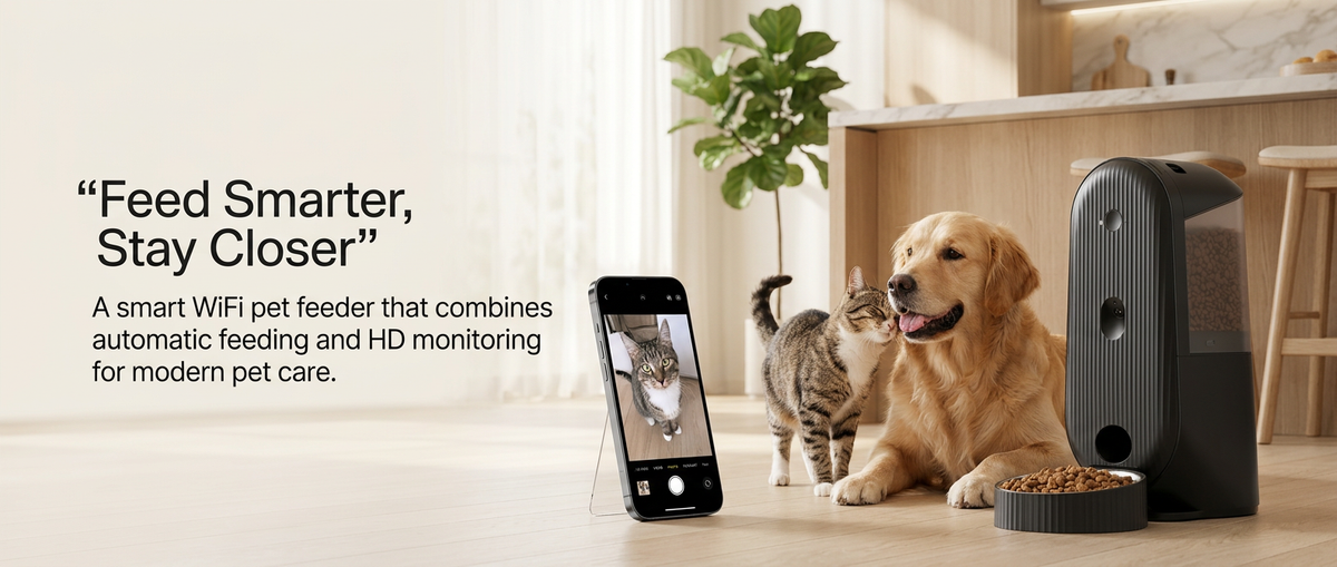 WiFi smart automatic pet feeder with camera in modern home