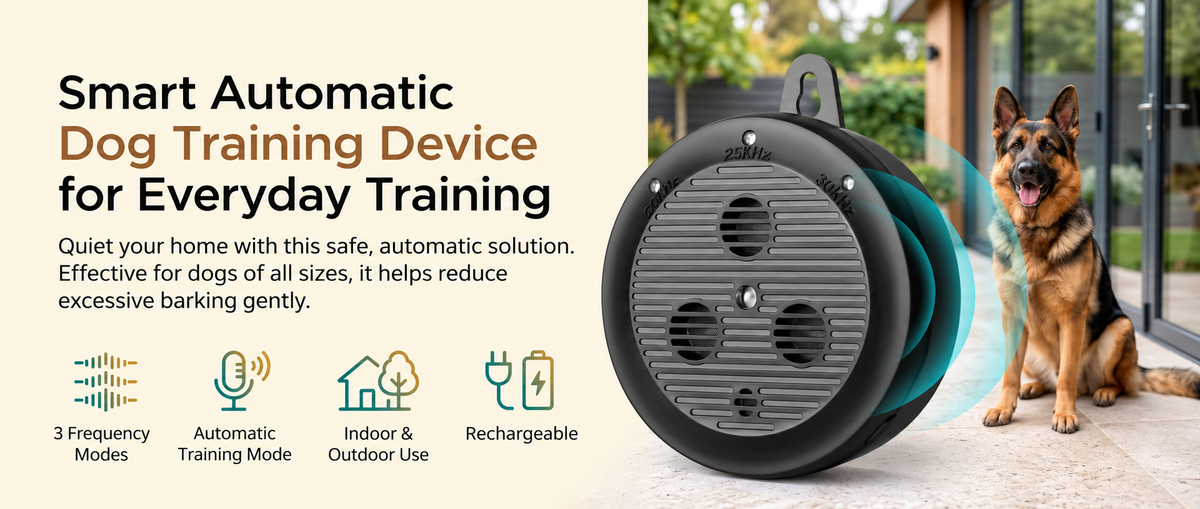 A smart automatic dog training device shown next to a German Shepherd dog in an outdoor patio setting. The circular black device features a textured center and a teal-colored sound wave graphic indicating wireless training.

