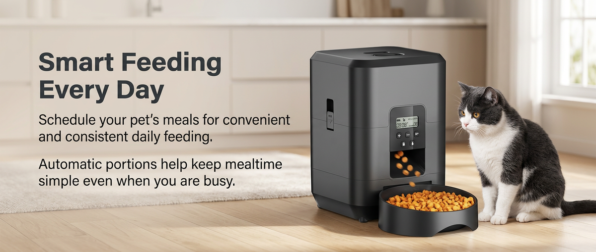 Black automatic pet feeder dispensing food beside a cat in a modern home