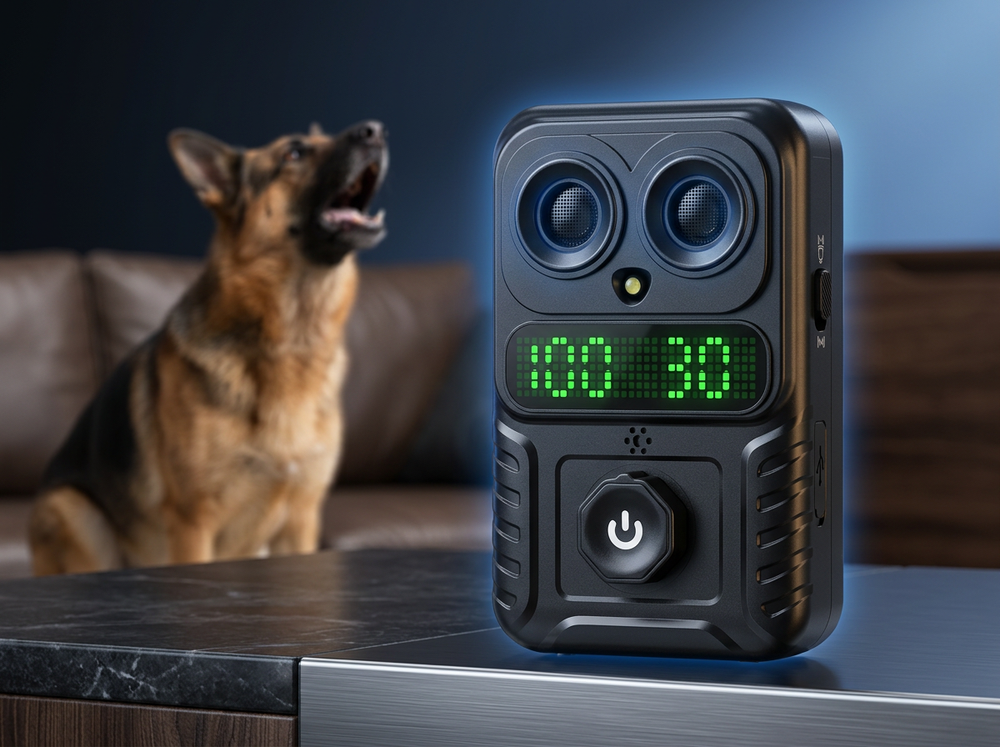 Smart ultrasonic dog bark stopper with integrated bark detection system and dual emitters
