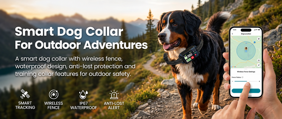 Smart dog collar with wireless fence, waterproof design and pet training features for outdoor adventures