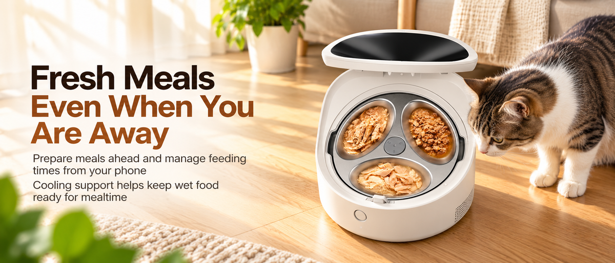 Cat eating fresh wet food from a smart cooling automatic pet feeder in a modern home