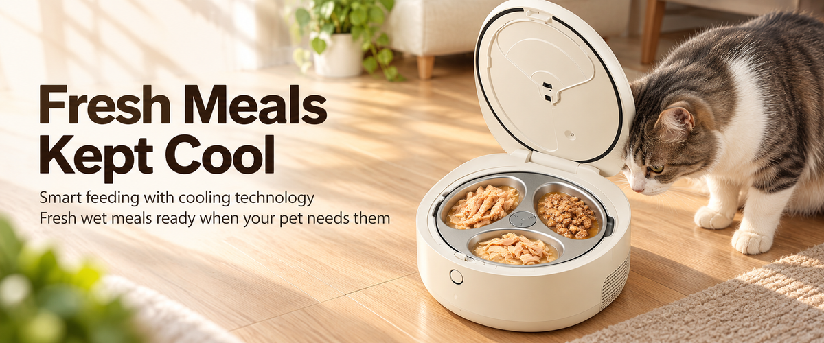 Smart cooling pet feeder with stainless steel meal compartments and cat for fresh wet food feeding