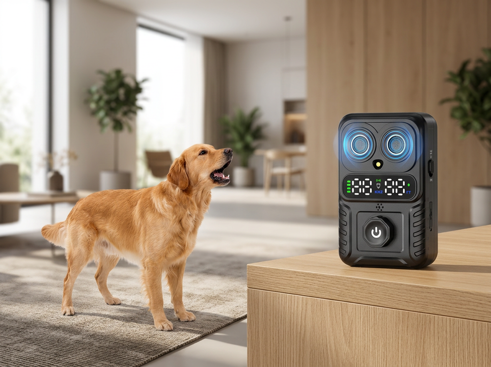  Smart ultrasonic bark-control device detecting a barking dog in a modern home
