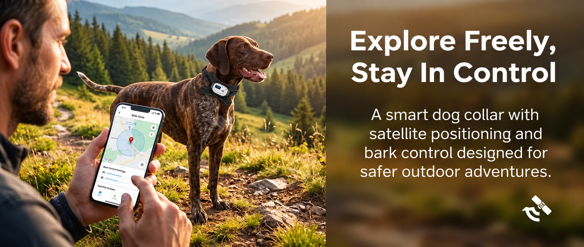 A man outdoors in a mountain setting holds a smartphone showing a map while wearing a smart dog collar on a brown dog. The right side has text reading 'Explore Freely, Stay In Control' and a small logo at the bottom.


