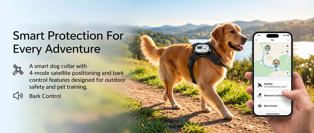 A golden retriever wearing a smart dog collar walks on a dirt path outdoors, with a human hand holding a smartphone that displays the companion app. Text on the left reads 'Smart Protection For Every Adventure' and describes the collar's satellite positioning and bark control features.

