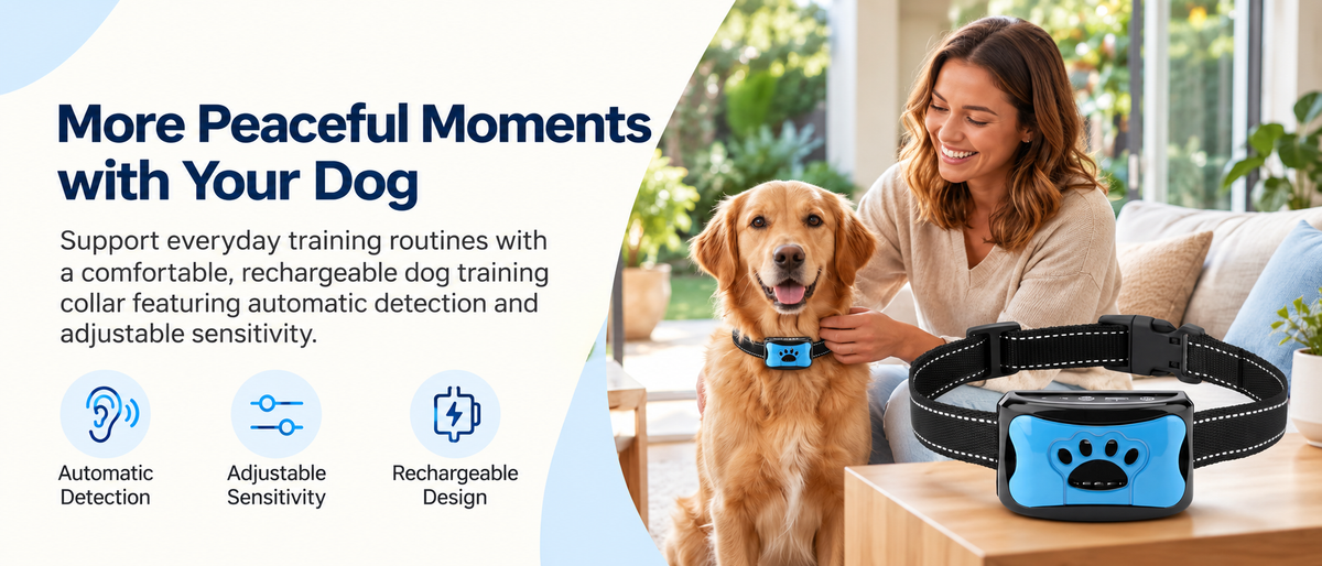 Comfortable rechargeable dog training collar with adjustable sensitivity, sound and vibration settings for convenient everyday training.