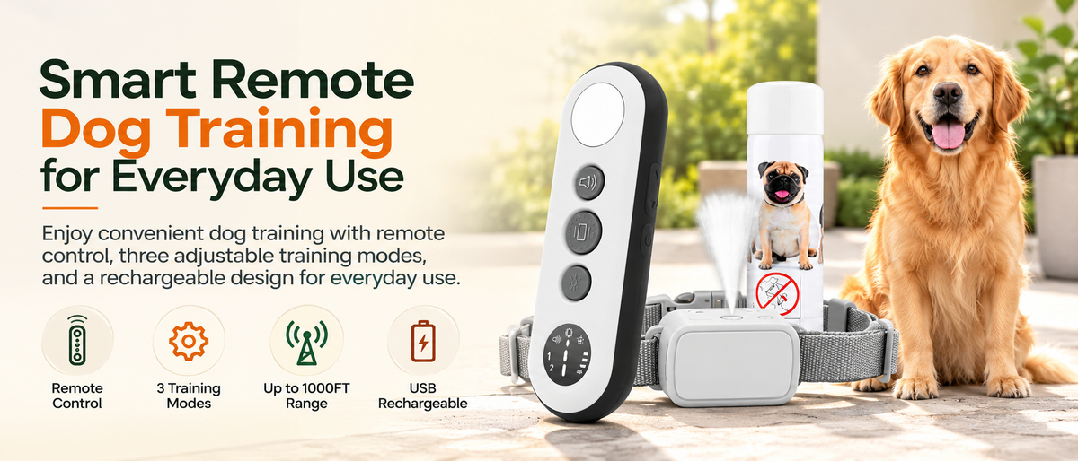 A smart remote dog training device shown on a collar with a small dog model display, next to a real golden retriever dog sitting outdoors. The image includes marketing text and feature icons for remote control, three training modes, up to 1000ft range, and USB rechargeable battery.

