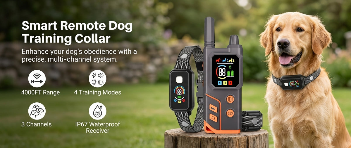 Smart dog training collar with color screen remote, adjustable reflective collar and multiple training modes.