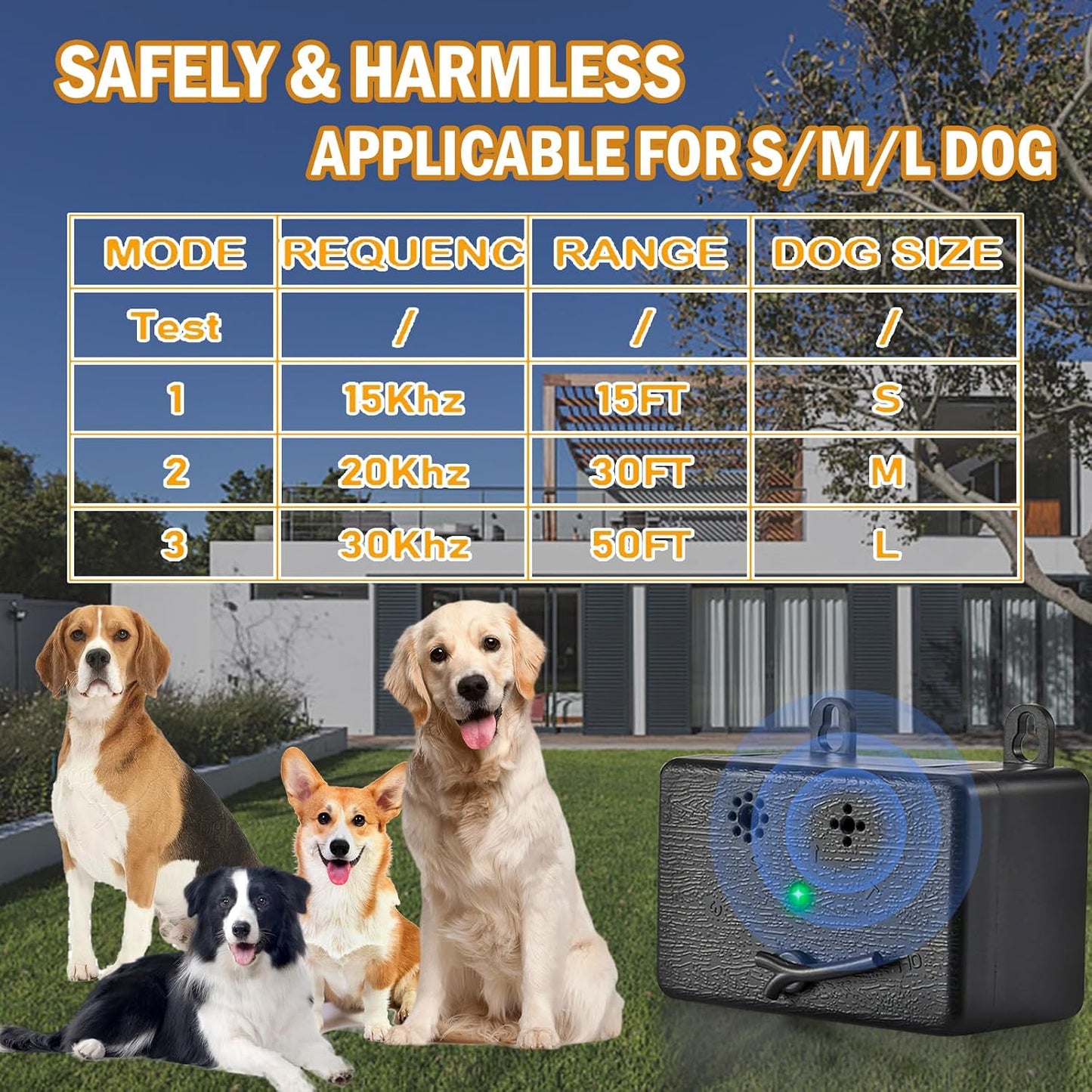 Ultrasonic anti barking device for dogs with bark deterrent function