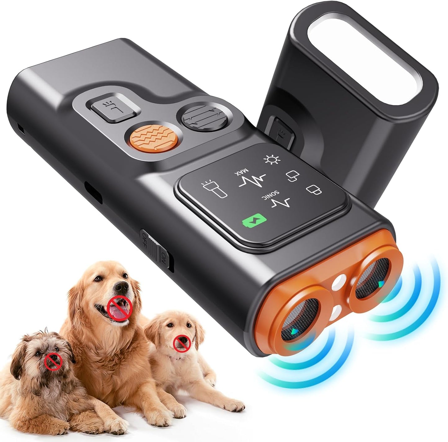 Portable ultrasonic anti barking device for dogs with HD display and LED flashlight