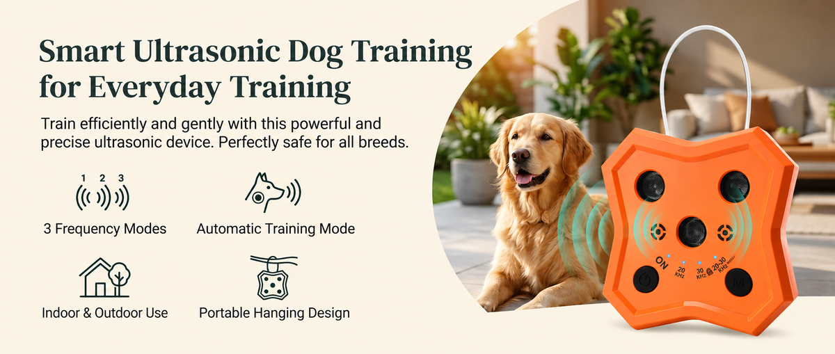 Orange ultrasonic dog training device with three frequency modes, automatic training mode and portable hanging design, displayed beside a Golden Retriever in a home and outdoor setting.