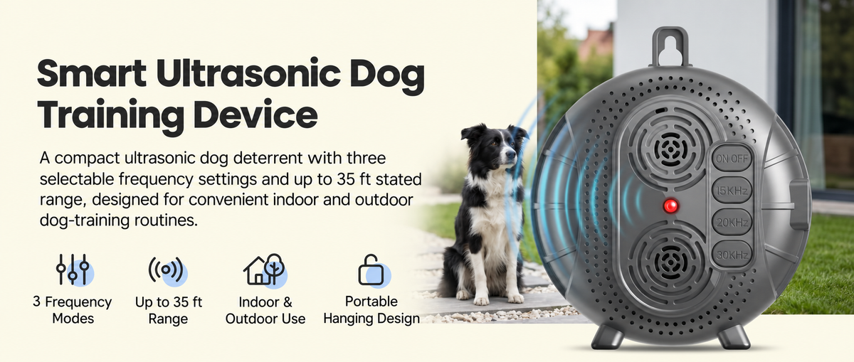 A smart ultrasonic dog training device shown on the right side, with a black and white dog sitting on the left side in an outdoor setting. The left half contains marketing text and feature icons, while the right half shows the round, gray device with a red indicator light and blue sound wave graphics.

