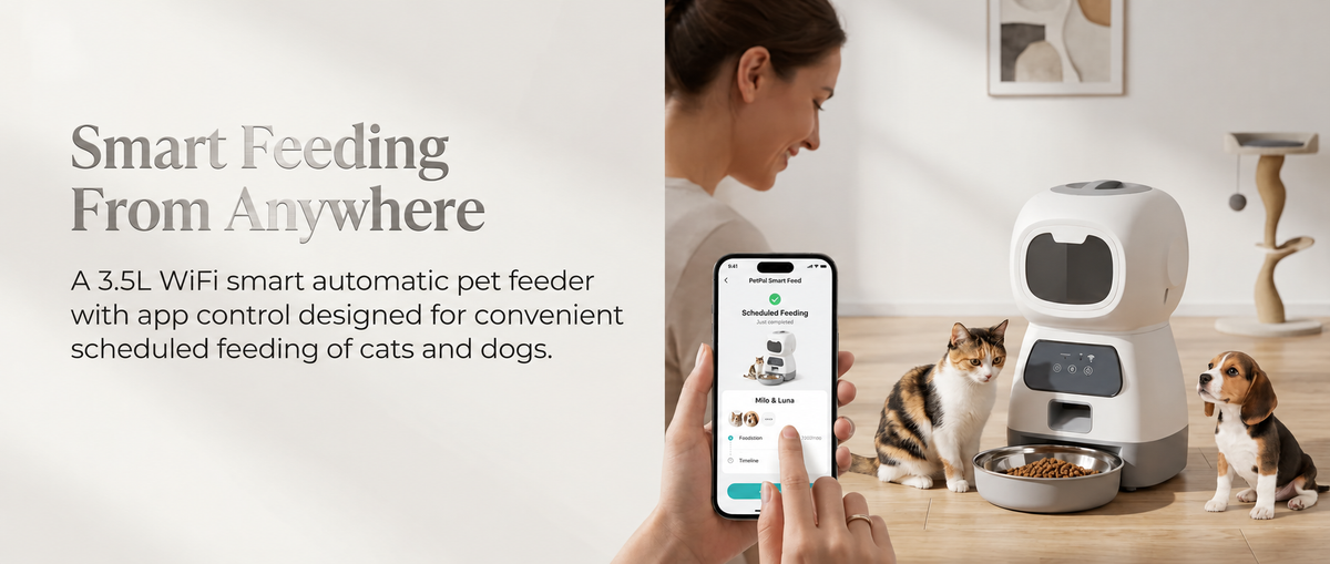 Smart WiFi automatic pet feeder with app control for scheduled feeding of cats and dogs