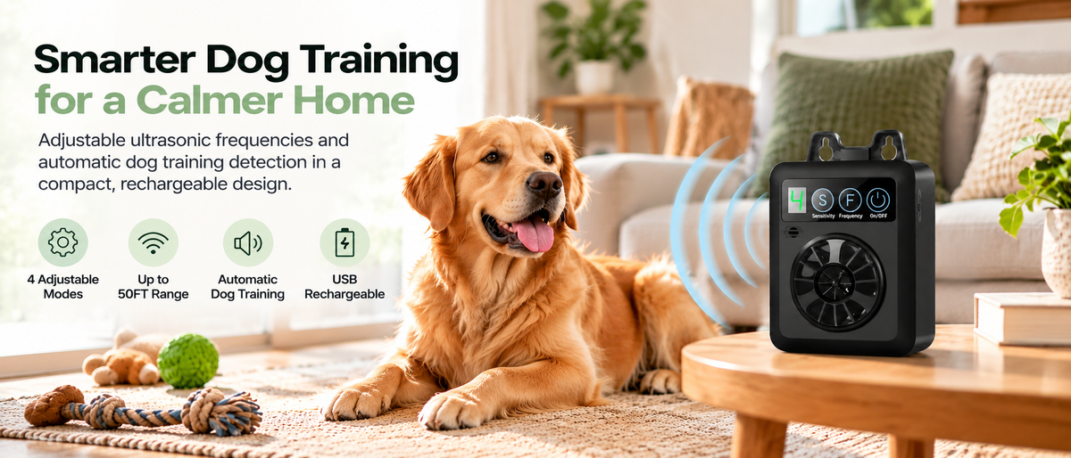 Black ultrasonic dog training device with four adjustable modes, up to 50 ft range and USB rechargeable design, displayed beside a golden retriever in a cozy living room.