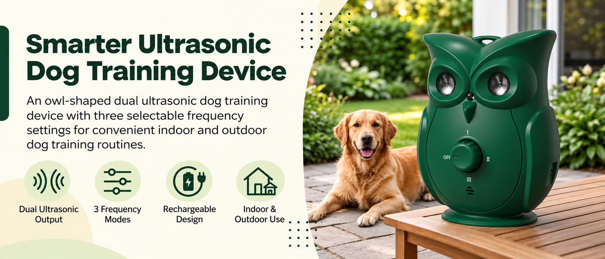 A green owl-shaped ultrasonic dog training device sits on a wooden table outdoors next to a golden retriever dog, with marketing text on the left side of the image.

