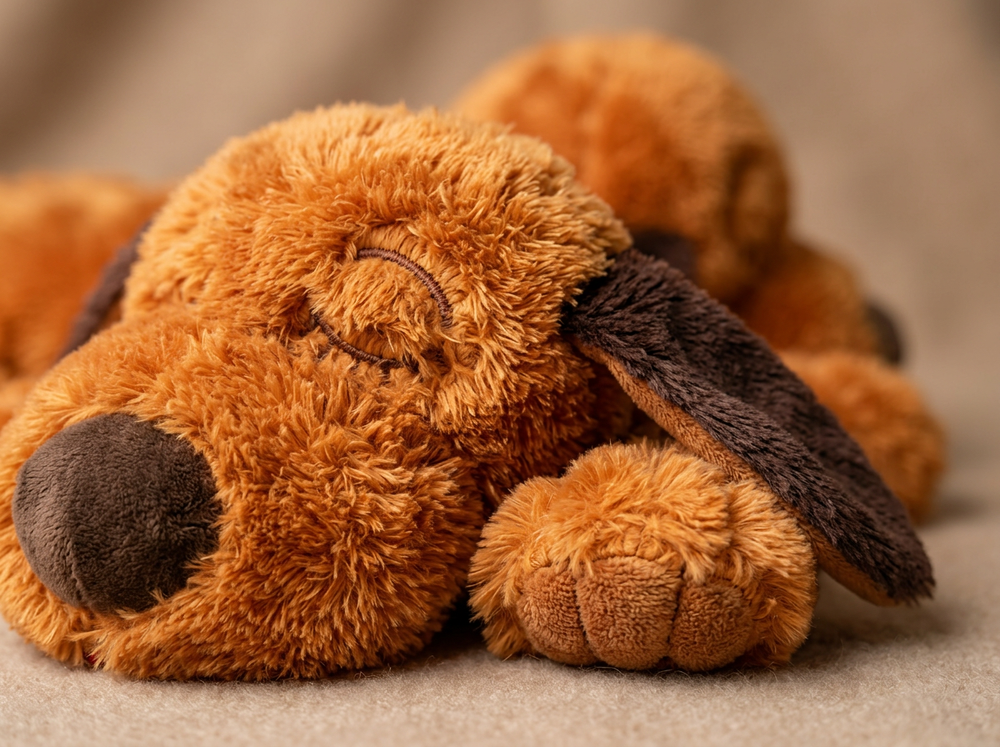Close-up of soft brown plush fabric and floppy ear on a heartbeat puppy comfort toy