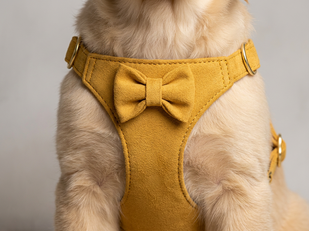 Soft mustard yellow puppy harness material with smooth stitched edges
