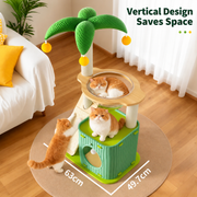 Wooden cat tree with elevated space capsule sleeping nest
