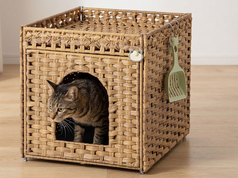 Adult cat comfortably entering spacious rattan litter box enclosure