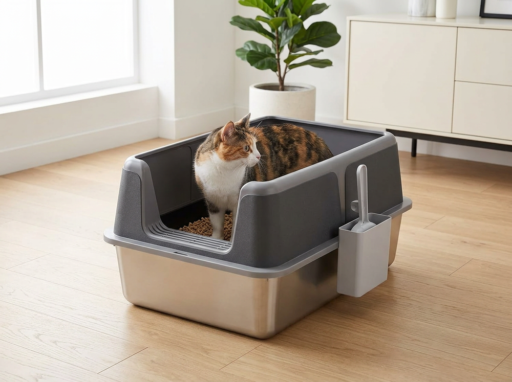 Adult cat comfortably standing inside spacious stainless steel litter box