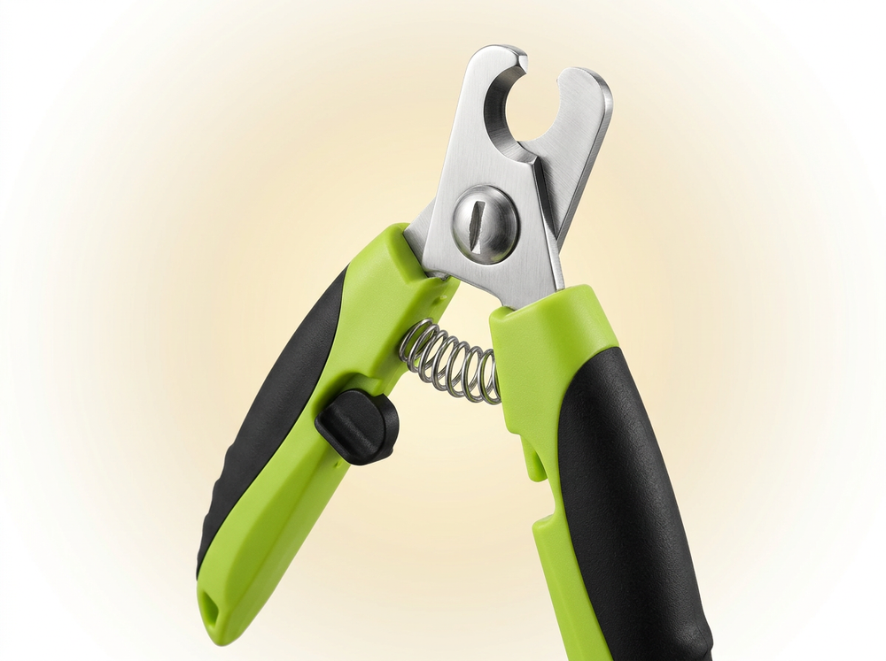  Lime green and black spring-loaded pet nail clipper with silver metal cutting head and ergonomic grips