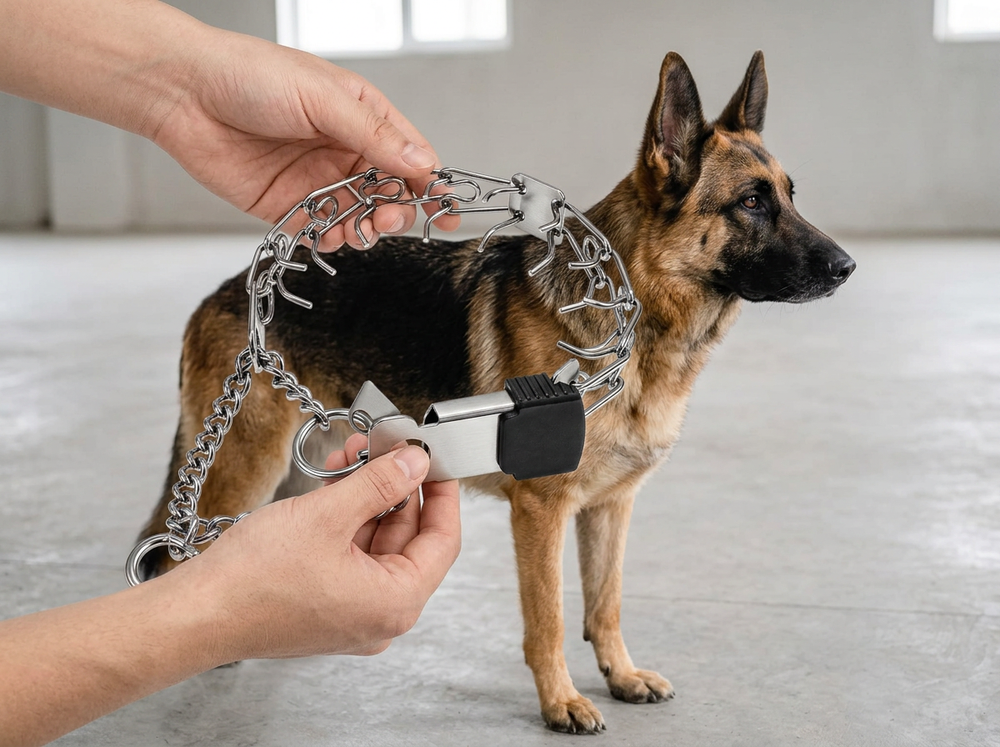 Stainless steel prong dog training collar with original quick release buckle shown on dog outdoors