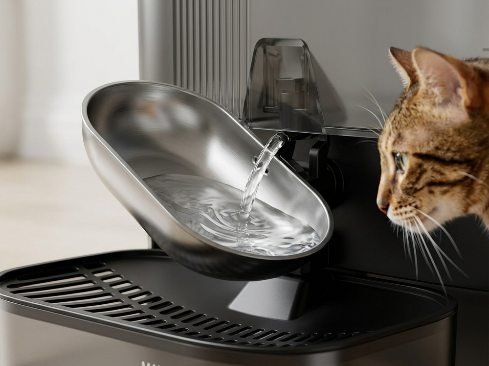 Stainless steel drinking bowl with fresh flowing water on a cat water fountain