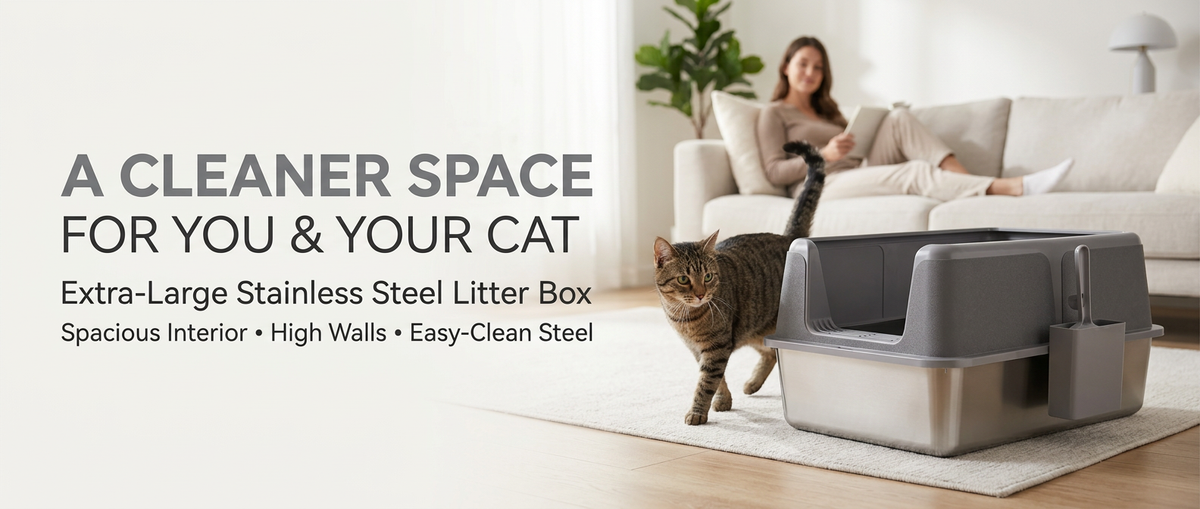 Extra-large stainless steel cat litter box with high walls in clean modern home