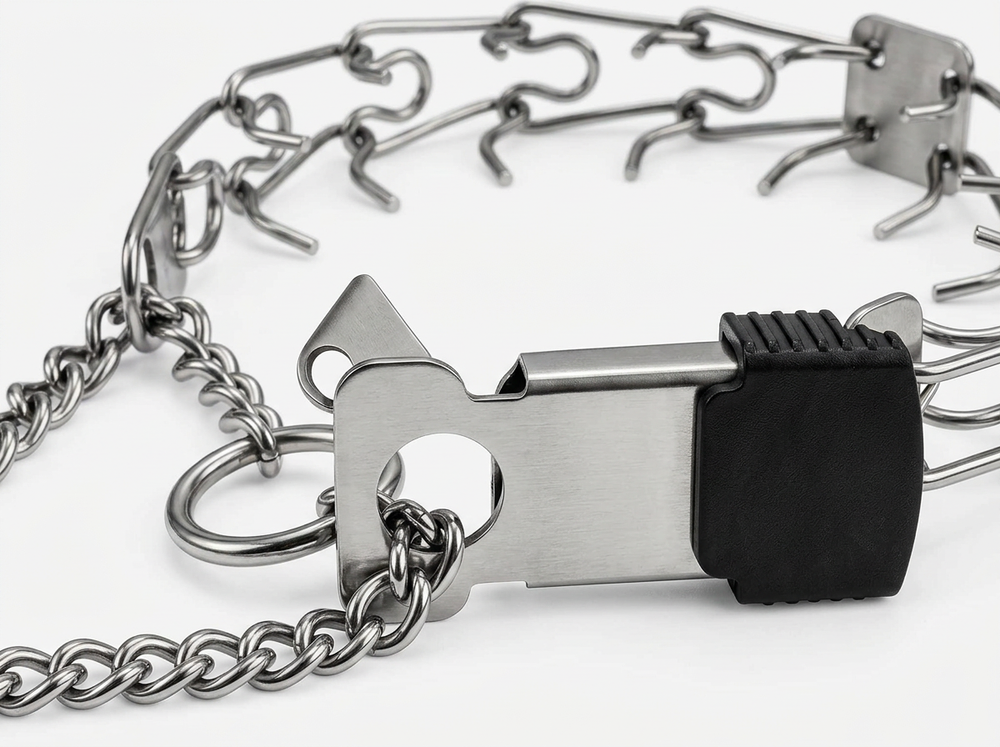 Close up of stainless steel links and prongs on dog training collar